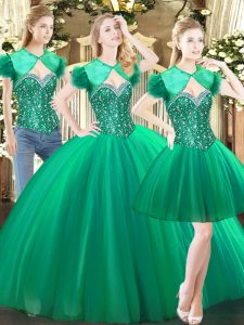Fitting Tulle Sweetheart Sleeveless Lace Up Beading Quince Ball Gowns in Green