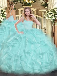  Sleeveless Floor Length Beading and Ruffles Zipper Quinceanera Gowns with Aqua Blue