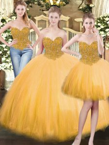 Suitable Gold Ball Gowns Tulle Sweetheart Sleeveless Beading Floor Length Lace Up 15 Quinceanera Dress