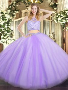  Lavender Tulle Zipper Scoop Sleeveless Floor Length Ball Gown Prom Dress Beading