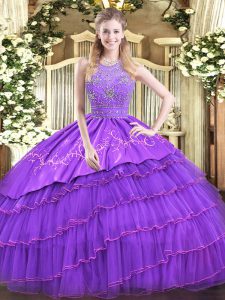 Affordable Lavender Halter Top Zipper Beading and Embroidery and Ruffled Layers Vestidos de Quinceanera Sleeveless