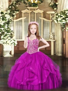  Tulle Sleeveless Floor Length Pageant Gowns For Girls and Beading and Ruffles