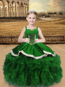  Green Ball Gowns Satin and Organza Straps Sleeveless Beading and Ruffles Floor Length Lace Up Womens Party Dresses