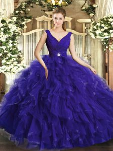  Purple Backless Sweet 16 Dress Beading and Ruffles Sleeveless Floor Length