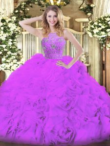 Beauteous Eggplant Purple Ball Gowns Tulle Halter Top Sleeveless Beading and Ruffles Floor Length Zipper Sweet 16 Dresses