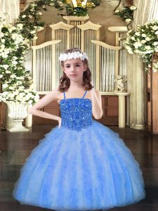 Superior Beading and Ruffles Little Girls Pageant Dress Wholesale Baby Blue Lace Up Sleeveless Floor Length