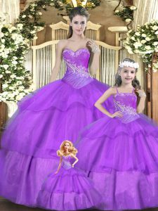 Lilac Sleeveless Tulle Lace Up Quinceanera Gown for Military Ball and Sweet 16 and Quinceanera