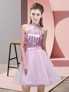  Lilac A-line Chiffon Halter Top Sleeveless Sequins Mini Length Backless Dama Dress