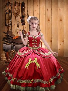 Customized Coral Red Lace Up Little Girls Pageant Dress Embroidery Sleeveless Floor Length