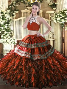 Inexpensive Floor Length Rust Red Quinceanera Dress Tulle Sleeveless Beading and Ruffles