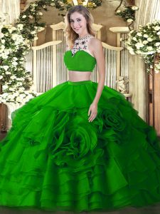 Delicate Sleeveless Floor Length Beading and Ruffled Layers Backless Quinceanera Gown with Green