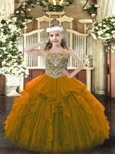 Customized Sleeveless Floor Length Beading and Ruffles Lace Up Pageant Gowns For Girls with Brown