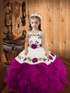  Purple Little Girls Pageant Gowns Sweet 16 and Quinceanera with Embroidery and Ruffles Straps Sleeveless Lace Up