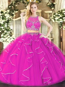  Organza Scoop Sleeveless Zipper Ruffles Ball Gown Prom Dress in Fuchsia