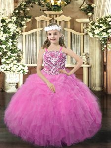 Stunning Floor Length Rose Pink Little Girls Pageant Gowns Organza Sleeveless Beading and Ruffles