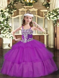  Sleeveless Organza Floor Length Lace Up Child Pageant Dress in Fuchsia with Appliques and Ruffled Layers