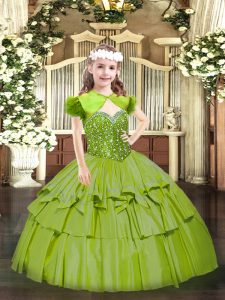  Olive Green Little Girls Pageant Dress Wholesale Party and Quinceanera with Beading and Ruffled Layers Straps Sleeveless Lace Up