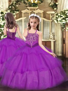  Purple Organza Lace Up Girls Pageant Dresses Sleeveless Floor Length Beading and Ruffled Layers