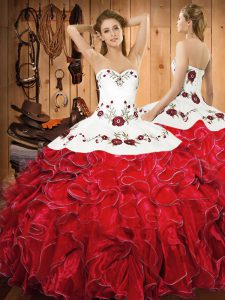 Excellent Floor Length White And Red Quinceanera Dresses Halter Top Sleeveless Lace Up