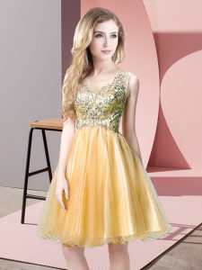 Unique Gold Empire Scoop Sleeveless Tulle Knee Length Zipper Beading Prom Dress