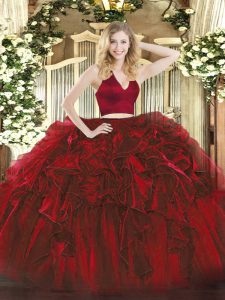  Sleeveless Floor Length Ruffles Zipper Quinceanera Dress with Wine Red