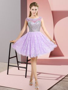  Lavender Cap Sleeves Mini Length Beading Backless Prom Evening Gown