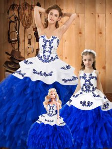  Strapless Sleeveless 15th Birthday Dress Floor Length Embroidery and Ruffles Royal Blue Lace