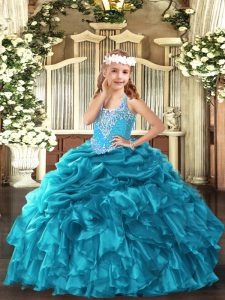 Latest Teal Lace Up Girls Pageant Dresses Beading and Ruffles and Pick Ups Sleeveless Floor Length