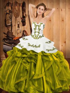  Olive Green Satin and Organza Lace Up Strapless Sleeveless Floor Length Quince Ball Gowns Embroidery and Ruffles