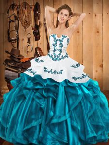 Latest Sleeveless Floor Length Embroidery and Ruffles Lace Up Quinceanera Dress with Teal 