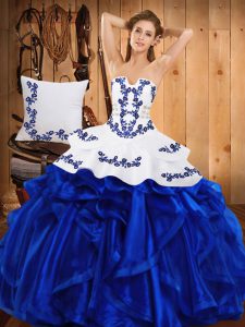  Blue Sleeveless Satin and Organza Lace Up Sweet 16 Quinceanera Dress for Military Ball and Sweet 16 and Quinceanera