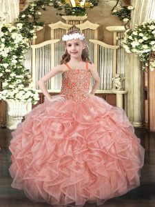High Quality Sleeveless Organza Floor Length Lace Up Kids Pageant Dress in Pink with Beading and Ruffles