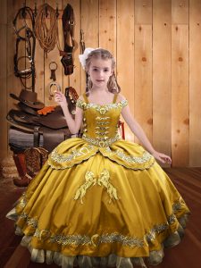  Beading and Embroidery Little Girls Pageant Dress Wholesale Gold Lace Up Sleeveless Floor Length