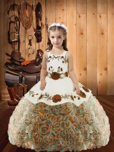  Sleeveless Fabric With Rolling Flowers Floor Length Lace Up Little Girls Pageant Dress Wholesale in Multi-color with Embroidery and Ruffles