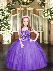 Enchanting Spaghetti Straps Sleeveless Juniors Party Dress Floor Length Beading and Ruffles Lavender Tulle