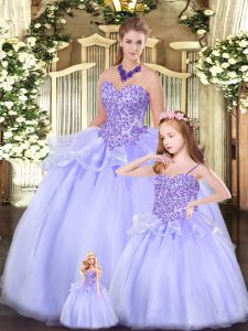  Lavender Ball Gowns Beading Quinceanera Dresses Lace Up Tulle Sleeveless Floor Length