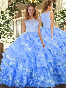 Pretty Light Blue Organza Clasp Handle Scoop Sleeveless Floor Length Vestidos de Quinceanera Lace and Ruffled Layers
