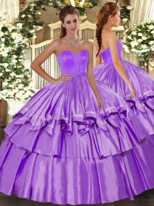  Floor Length Lace Up Sweet 16 Dresses Lilac for Military Ball and Sweet 16 and Quinceanera with Beading and Ruffled Layers