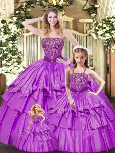  Lilac Organza Lace Up Sweetheart Sleeveless Floor Length Quince Ball Gowns Ruffled Layers