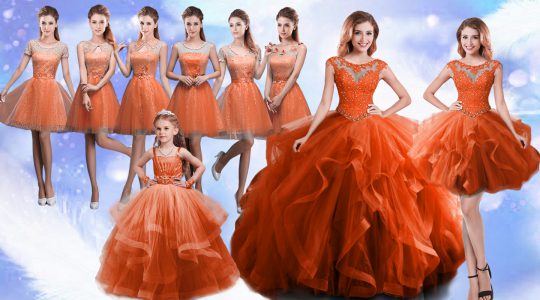 High End Rust Red Ball Gowns Scoop Sleeveless Organza Floor Length Lace Up Beading and Ruffles Vestidos de Quinceanera