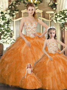 Fashionable Straps Sleeveless 15th Birthday Dress Floor Length Beading and Ruffles Orange Red Organza