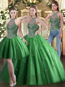 Latest Three Pieces Quinceanera Gown Green High-neck Tulle Sleeveless Floor Length Lace Up