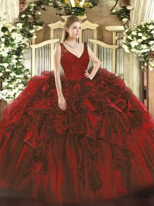  Wine Red V-neck Backless Beading and Lace and Ruffles 15 Quinceanera Dress Sleeveless