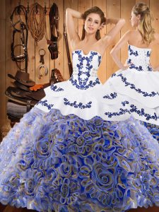  Multi-color Ball Gowns Satin and Fabric With Rolling Flowers Strapless Sleeveless Embroidery With Train Lace Up Ball Gown Prom Dress Sweep Train