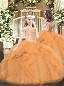 Custom Designed Orange Sleeveless Floor Length Beading and Ruffles Lace Up Child Pageant Dress