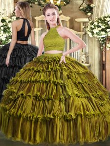Low Price Floor Length Olive Green Quinceanera Dresses Halter Top Sleeveless Backless