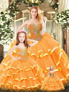 Edgy Orange Red Lace Up Sweetheart Beading and Ruffled Layers Vestidos de Quinceanera Tulle Sleeveless