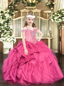  Ball Gowns Child Pageant Dress Hot Pink Off The Shoulder Organza Sleeveless Floor Length Lace Up