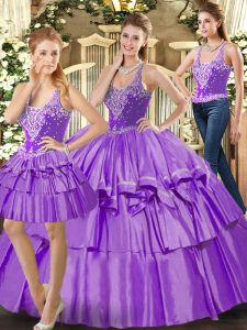 Top Selling Eggplant Purple Lace Up 15th Birthday Dress Ruffled Layers Sleeveless Floor Length