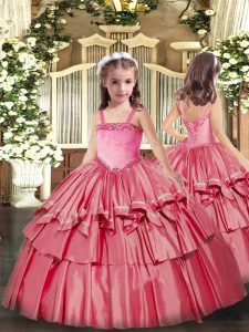  Coral Red Straps Lace Up Appliques and Ruffled Layers Little Girls Pageant Dress Wholesale Sleeveless